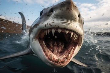 great white shark with jaws open in attack mode swimming through blue ocean water. Carcharodon carcharias, surfacing with the head out of the water and the mouth wide open off. - obrazy, fototapety, plakaty