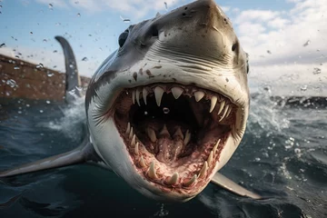 Fotobehang great white shark with jaws open in attack mode swimming through blue ocean water. Carcharodon carcharias, surfacing with the head out of the water and the mouth wide open off. © Irina Mikhailichenko