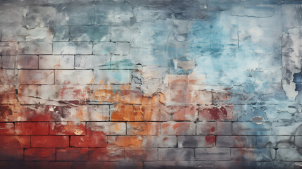 colorful background with texture and distressed vintage grunge and graffiti paint on brick wall