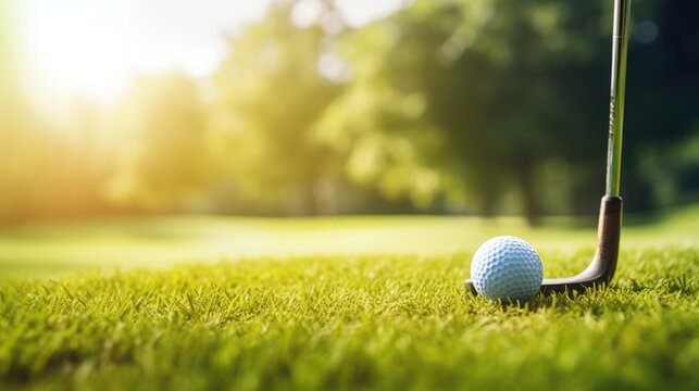 Golf ball on green grass with sun flare and bokeh background