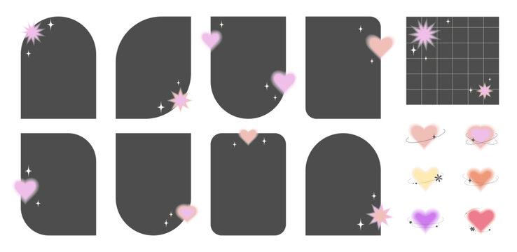 Set of minimalist aesthetic frames with stars, abstract elements. Arches in retro Y2k style. Illustrations for social networks, banners, flyers, etc.