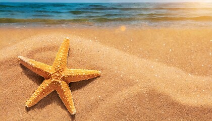 Fototapeta na wymiar Starfish in the sand. Copy space, flatly. The concept of tourism and recreation