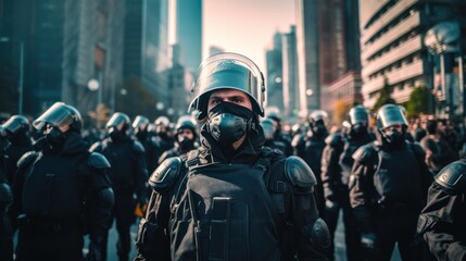 Police officers in protective masks on the street during a protest rally. - obrazy, fototapety, plakaty