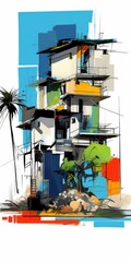 house building tower Abstract modern art painting collage canvas expression illustration artwork