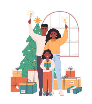 African american family with child celebrating Christmas or New Year. Christmas tree with presents. Vector illustration in flat style