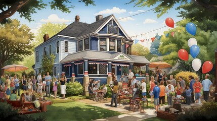 Illustrate a neighborhood gathering where neighbors of all ages and backgrounds come together for a block party.