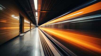 Subway scene with a train in blurred motion.
