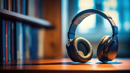 Headphones on bookshelf in library. Audio book concept.