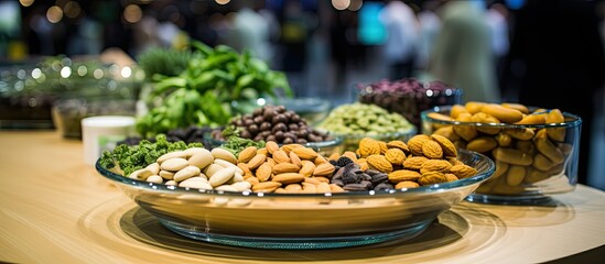Fototapeta premium The glass bowl showcased a beautiful variety of nutrient-rich ingredients, including roasted and fried seeds, as well as protein-packed legumes like beans and peanuts in their shells; it was a true