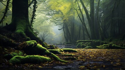 Leaves falling gently onto a moss-covered forest floor.
