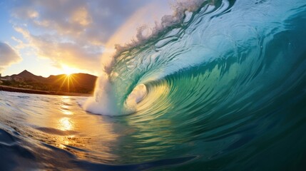 The waves of the ocean at sunset, surrounded by the breathtaking beauty of blue waves.