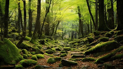 Leaves falling gently onto a moss-covered forest floor.