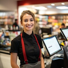Smiling, young and attractive saleswoman, cashier serving customers. - Generative AI