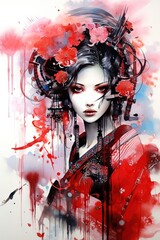 AI moderna geisha giapponese con fiori rossi 04