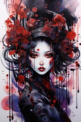 AI moderna geisha giapponese con fiori rossi 01