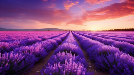 Purple lavender fields stretching as far as the eye can see, a sea of fragrant blooms.