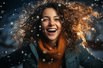 portrait of a beautiful woman in the city street, enjoying winter season