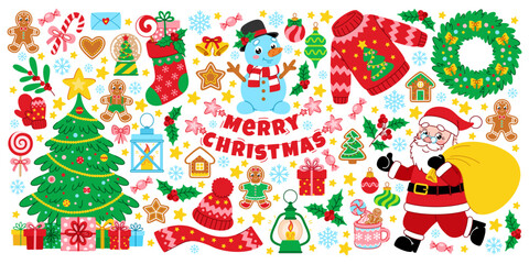 Obraz na płótnie Canvas Colorful set of Christmas and New Year elements for winter holiday design. Running Santa with a bag of gifts, Xmas tree, festive sweets. Vector colored flat cartoon illustrations perfect for stickers.