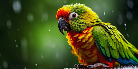 Lively parrot with vibrant plumage, mid-squawk, tropical rainforest ambiance