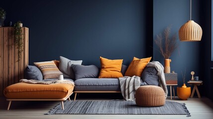 living interior with sofa blue background