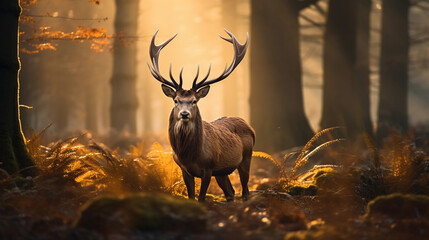 Noble stag with a full rack of antlers in a misty forest, dawn light casting a mystical glow
