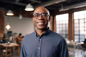 Man wearing glasses standing in office. This image can be used to represent professionalism, business, or workplace environments
