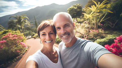 Travel middle-aged couple happy making selfie portrait with smartphone in landscape of the tropical garden of Monte on the island of Madeira.