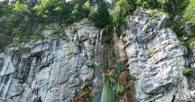Beautiful waterfall in green forest, top view