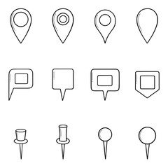 Map pins doodle set. Navigation sign, location pointers, tags and markers in sketch style. Hand drawn vector illustration isolated on white background