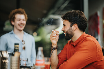 Architects, engineers, and executives collaborate at a coffee bar, discussing blueprint details and project development. Creative professionals working together for successful urban planning.