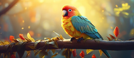 In the lush tropical nature, a beautiful, colorful Lovebird named Roseicollis, with its vibrant red and yellow feathers, captivated everyone with its closeup view, making for a delightful and funny
