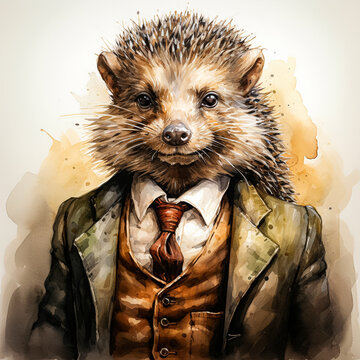 A business watercolor of a hedgehog in an elegant suit