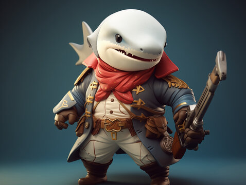 A Cute 3D Shark Dressed Up as a Pirate