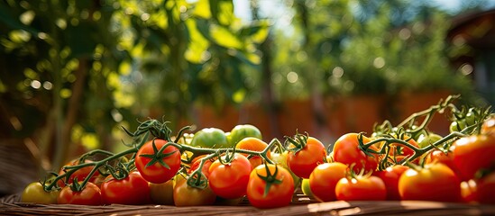 In the summer, as the warm sun shone upon the lush green garden, a variety of vibrant vegetables such as orange carrots and ripe red tomatoes grew abundantly on the organic farm. The cherry tomato - obrazy, fototapety, plakaty