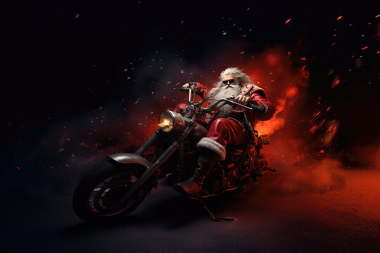 Santa Claus is riding a motorcycle chopper at high speed to deliver Christmas gifts