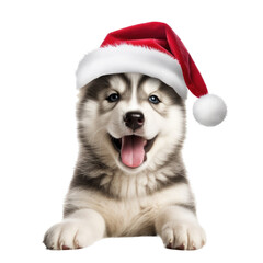 Fototapeta na wymiar a Malamute pup with a Santa Claus hat on in an isolated and transparent PNG in a Christmas-themed, photorealistic illustration. Generative ai