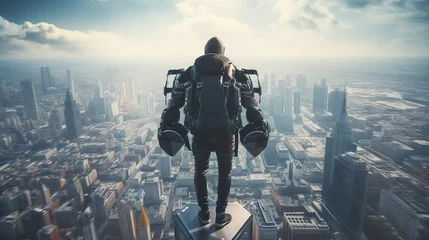 Foto auf Acrylglas Jet pack man courier messenger is ready to fly. Delivering online orders, purchases, goods, packages in the city. Male guy wears jet suit and safety helmet works in the express flying shipping © Irina