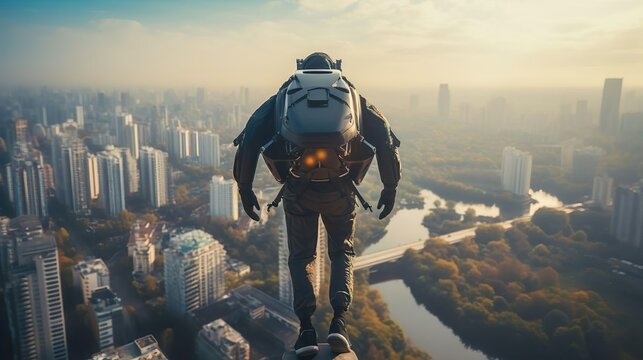 Jet pack man courier messenger is ready to fly. Delivering online orders, purchases, goods, packages in the city. Male guy wears jet suit and safety helmet works in the express flying shipping