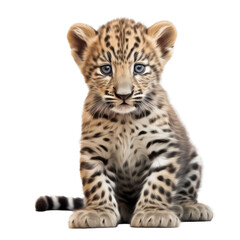 Fototapeta premium a baby, young Leopard cub front view in an isolated and transparent PNG in a Wildlife-themed, photorealistic illustration. Generative ai