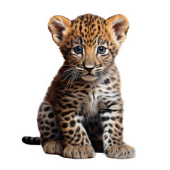 a baby, young Leopard cub front view in an isolated and transparent PNG in a Wildlife-themed, photorealistic illustration. Generative ai