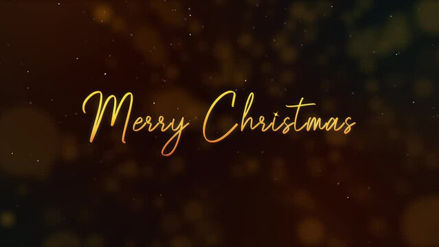 Merry Christmas golden text animation with snowing particles, bokeh colorful background
