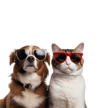 Beautiful dog and cat in sunglasses, all set for the cool summer, Isolated on Transparent Background, PNG
