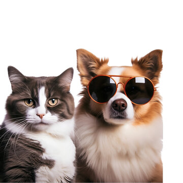 Ready for summer: Beautiful dog and cool cat in sunglasses, Isolated on Transparent Background, PNG
