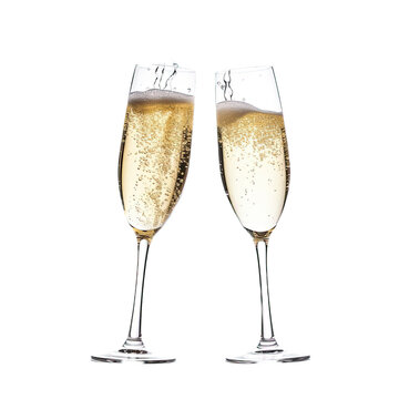 Champagne glasses with splashes of champagne, side view, in an isolated and transparent PNG in a New Year's celebration-themed, photorealistic illustration.