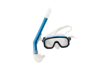 A pair of blue diving goggles, snorkeling mask top view with transparent background