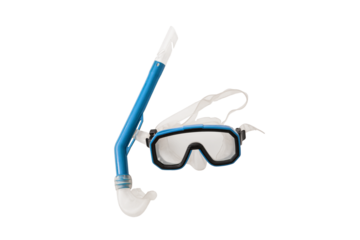 A pair of blue diving goggles, snorkeling mask top view with transparent background