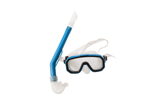 A pair of blue diving goggles, snorkeling mask top view with transparent background