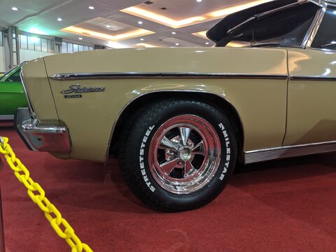 Indonesia, June 01, 2020 - Holden Statesman DeVille emblem and front wheels