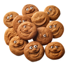  Cookies with happy, smiling faces in an isolated and transparent PNG in a Fun food-themed, photorealistic illustration. Generative ai