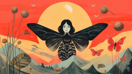 Blockprint, Creepy Insect Girl Illustration, surreal, Winged Woman, Moth Like Insect Creature, Fantasy World Wallpaper, Background, Sunset Landscape, Japanese Folk Art style figurative landscape